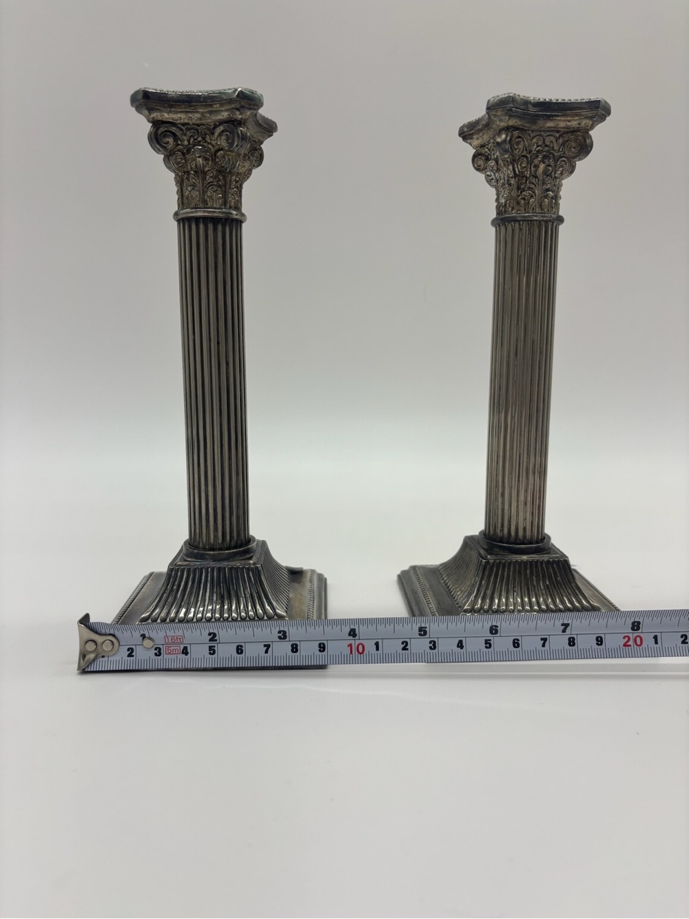 Classic Corinthian Column Pair Candle Holders - Silver